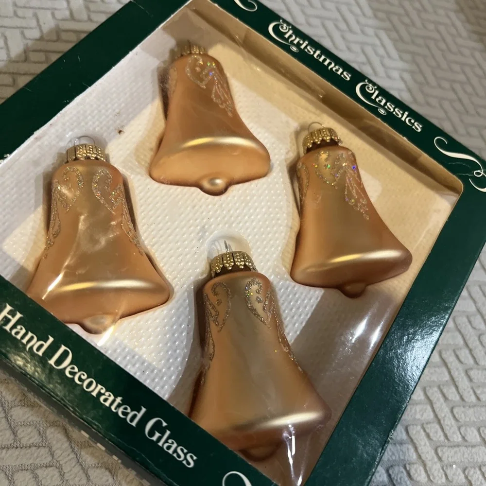 Krebs (4) Glass Bell Ornaments Hand Decorated Yellow/Gold Color In Box